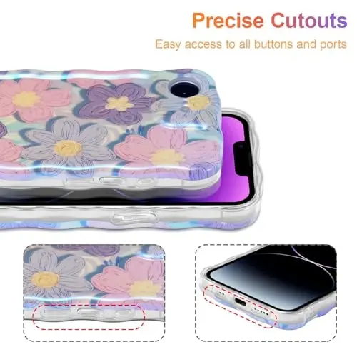 EYZUTAK Case for iPhone 16e, Colorful Retro Oil Painting Flower Laser Glossy Pattern Cute Curly Wave Edge Exquisite Phone Cover Stylish Durable TPU Protective Case for Girls Women - Pink Purple - 5