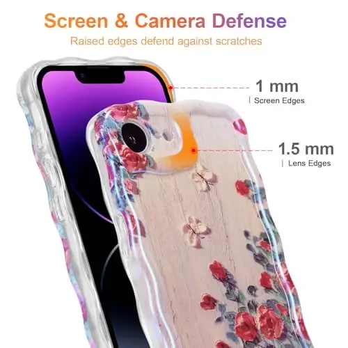 EYZUTAK Case for iPhone 16e, Colorful Retro Oil Painting Printed Flower Laser Glossy Pattern Cute Curly Wave Edge Exquisite Phone Cover Stylish Durable TPU Protective Case for Girl Women - Beige - 4