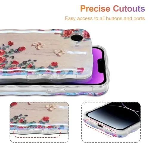 EYZUTAK Case for iPhone 16e, Colorful Retro Oil Painting Printed Flower Laser Glossy Pattern Cute Curly Wave Edge Exquisite Phone Cover Stylish Durable TPU Protective Case for Girl Women - Beige - 5