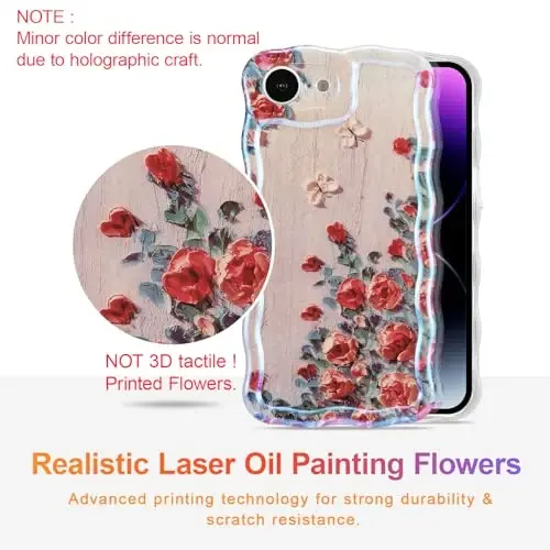 EYZUTAK Case for iPhone 16e, Colorful Retro Oil Painting Printed Flower Laser Glossy Pattern Cute Curly Wave Edge Exquisite Phone Cover Stylish Durable TPU Protective Case for Girl Women - Beige - EYZUTAK (1)