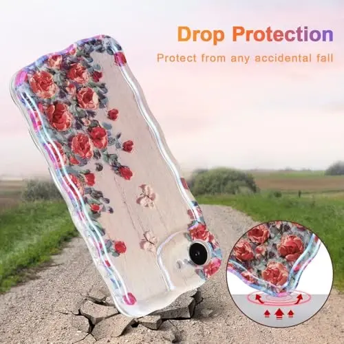 EYZUTAK Case for iPhone 16e, Colorful Retro Oil Painting Printed Flower Laser Glossy Pattern Cute Curly Wave Edge Exquisite Phone Cover Stylish Durable TPU Protective Case for Girl Women - Beige - 3