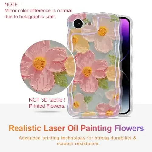 EYZUTAK Case for iPhone 16e, Colorful Retro Oil Painting Printed Flower Laser Glossy Pattern Cute Curly Wave Edge Exquisite Phone Cover Stylish Durable TPU Protective Case for Girl Women - Green - 2