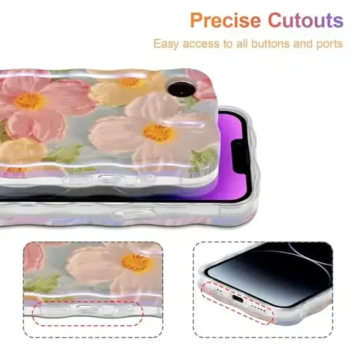 EYZUTAK Case for iPhone 16e, Colorful Retro Oil Painting Printed Flower Laser Glossy Pattern Cute Curly Wave Edge Exquisite Phone Cover Stylish Durable TPU Protective Case for Girl Women - Green - 5