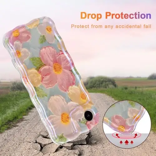 EYZUTAK Case for iPhone 16e, Colorful Retro Oil Painting Printed Flower Laser Glossy Pattern Cute Curly Wave Edge Exquisite Phone Cover Stylish Durable TPU Protective Case for Girl Women - Green - 3