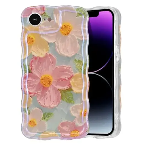 EYZUTAK Case for iPhone 16e, Colorful Retro Oil Painting Printed Flower Laser Glossy Pattern Cute Curly Wave Edge Exquisite Phone Cover Stylish Durable TPU Protective Case for Girl Women - Green 