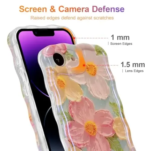 EYZUTAK Case for iPhone 16e, Colorful Retro Oil Painting Printed Flower Laser Glossy Pattern Cute Curly Wave Edge Exquisite Phone Cover Stylish Durable TPU Protective Case for Girl Women - Green - 4