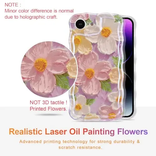 EYZUTAK Case for iPhone 16e, Colorful Retro Oil Painting Printed Flower Laser Glossy Pattern Cute Curly Wave Edge Exquisite Phone Cover Stylish Durable TPU Protective Case for Girl Women - Pink - 2