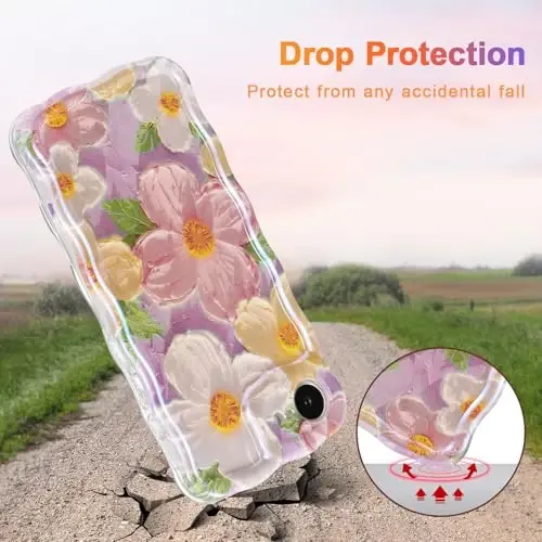 EYZUTAK Case for iPhone 16e, Colorful Retro Oil Painting Printed Flower Laser Glossy Pattern Cute Curly Wave Edge Exquisite Phone Cover Stylish Durable TPU Protective Case for Girl Women - Pink - 3