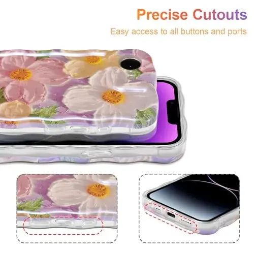 EYZUTAK Case for iPhone 16e, Colorful Retro Oil Painting Printed Flower Laser Glossy Pattern Cute Curly Wave Edge Exquisite Phone Cover Stylish Durable TPU Protective Case for Girl Women - Pink - 5