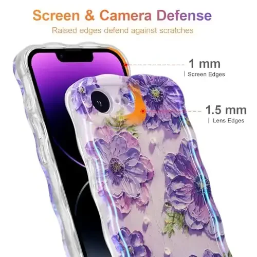 EYZUTAK Case for iPhone 16e, Colorful Retro Oil Painting Printed Flower Laser Glossy Pattern Cute Curly Wave Edge Exquisite Phone Cover Stylish Durable TPU Protective Case for Girl Women - Purple - 4