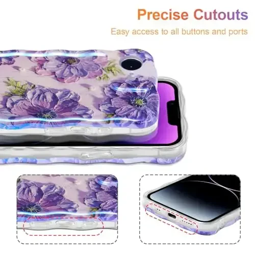 EYZUTAK Case for iPhone 16e, Colorful Retro Oil Painting Printed Flower Laser Glossy Pattern Cute Curly Wave Edge Exquisite Phone Cover Stylish Durable TPU Protective Case for Girl Women - Purple - 5