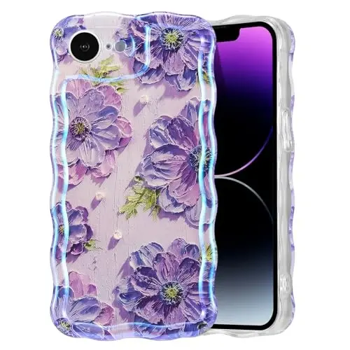 EYZUTAK Case for iPhone 16e, Colorful Retro Oil Painting Printed Flower Laser Glossy Pattern Cute Curly Wave Edge Exquisite Phone Cover Stylish Durable TPU Protective Case for Girl Women - Purple 