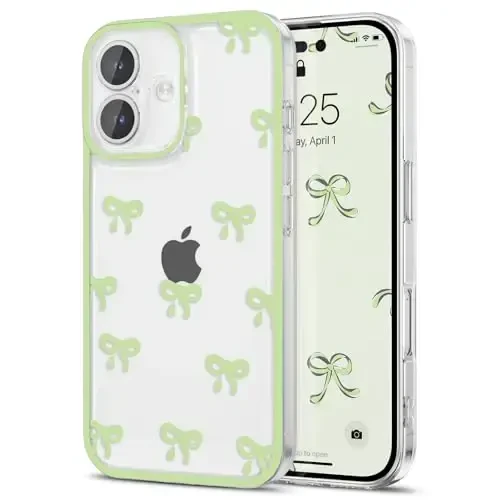 EYZUTAK Case for iPhone 17, Clear Cute Ribbon Bowknot Pattern Aesthetic Transparent Phone Case Raised Camera Protection Stylish Slim Soft Durable TPU Protective Cover for Women Girls - Green - 1