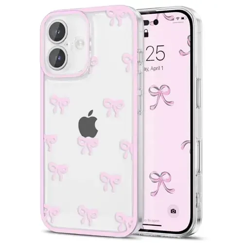 EYZUTAK Case for iPhone 17, Clear Cute Ribbon Bowknot Pattern Aesthetic Transparent Phone Case Raised Camera Protection Stylish Slim Soft Durable TPU Protective Cover for Women Girls - Pink 