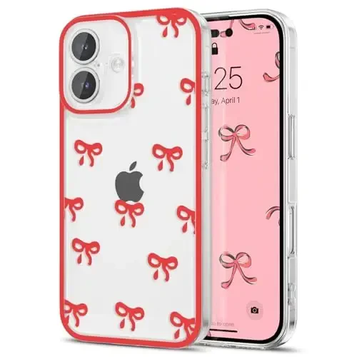 EYZUTAK Case for iPhone 17, Clear Cute Ribbon Bowknot Pattern Aesthetic Transparent Phone Case Raised Camera Protection Stylish Slim Soft Durable TPU Protective Cover for Women Girls - Red 