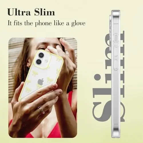 EYZUTAK Case for iPhone 17, Clear Cute Ribbon Bowknot Pattern Aesthetic Transparent Phone Case Raised Camera Protection Stylish Slim Soft Durable TPU Protective Cover for Women Girls - Yellow - 10