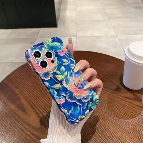 EYZUTAK Case for iPhone 17, Colorful Retro Oil Painting Flower, Blue Peony | Laser Glossy Floral Pattern, Cute Curly Wave Edge, Exquisite Phone Cover, Stylish Durable TPU Protective Case for Girl Women - 4