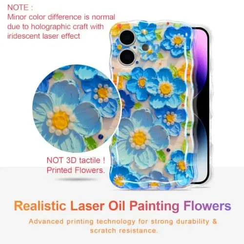 EYZUTAK Case for iPhone 17, Colorful Retro Oil Painting Flower Laser Glossy Pattern Cute Curly Wave Edge Exquisite Phone Cover Stylish Durable TPU Protective Case for Girl Women - Blue - 2