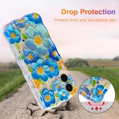 EYZUTAK Case for iPhone 17, Colorful Retro Oil Painting Flower Laser Glossy Pattern Cute Curly Wave Edge Exquisite Phone Cover Stylish Durable TPU Protective Case for Girl Women - Blue - 3