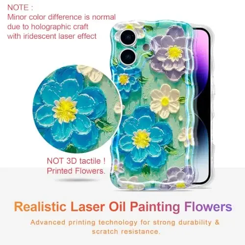 EYZUTAK Case for iPhone 17, Colorful Retro Oil Painting Flower Laser Glossy Pattern Cute Curly Wave Edge Exquisite Phone Cover Stylish Durable TPU Protective Case for Girl Women - Blue Purple - 2