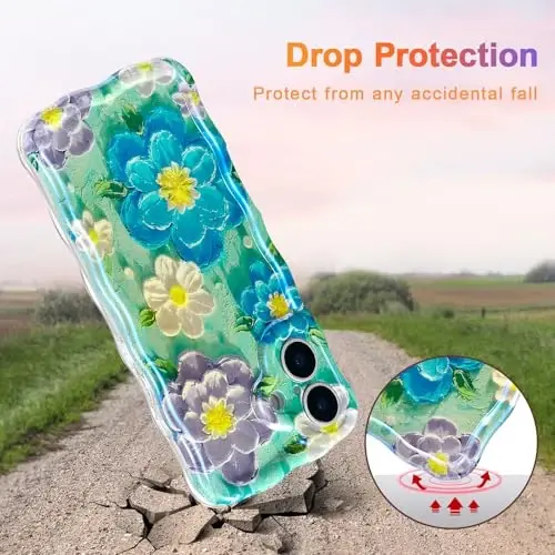EYZUTAK Case for iPhone 17, Colorful Retro Oil Painting Flower Laser Glossy Pattern Cute Curly Wave Edge Exquisite Phone Cover Stylish Durable TPU Protective Case for Girl Women - Blue Purple - 3