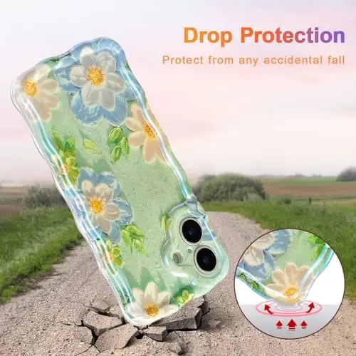 EYZUTAK Case for iPhone 17, Colorful Retro Oil Painting Flower Laser Glossy Pattern Cute Curly Wave Edge Exquisite Phone Cover Stylish Durable TPU Protective Case for Girl Women - Blue White - 3