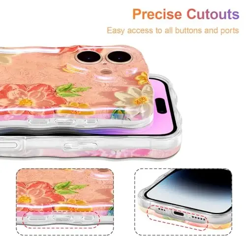 EYZUTAK Case for iPhone 17, Colorful Retro Oil Painting Flower Laser Glossy Pattern Cute Curly Wave Edge Exquisite Phone Cover Stylish Durable TPU Protective Case for Girl Women - Pink White - 5