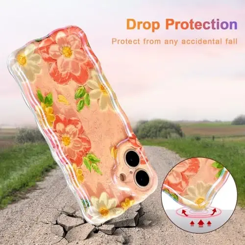 EYZUTAK Case for iPhone 17, Colorful Retro Oil Painting Flower Laser Glossy Pattern Cute Curly Wave Edge Exquisite Phone Cover Stylish Durable TPU Protective Case for Girl Women - Pink White - 3