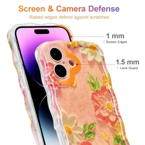 EYZUTAK Case for iPhone 17, Colorful Retro Oil Painting Flower Laser Glossy Pattern Cute Curly Wave Edge Exquisite Phone Cover Stylish Durable TPU Protective Case for Girl Women - Pink White - 4