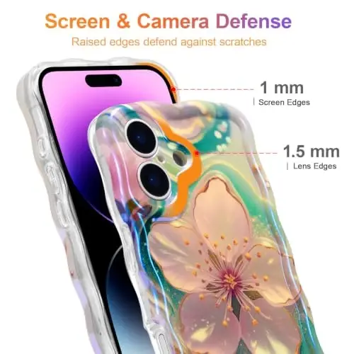 EYZUTAK Case for iPhone 17, Colorful Retro Oil Painting Flower Laser Glossy Pattern Cute Curly Wave Edge Exquisite Phone Cover Stylish Durable TPU Protective Case for Girl Women - Sakura - 4