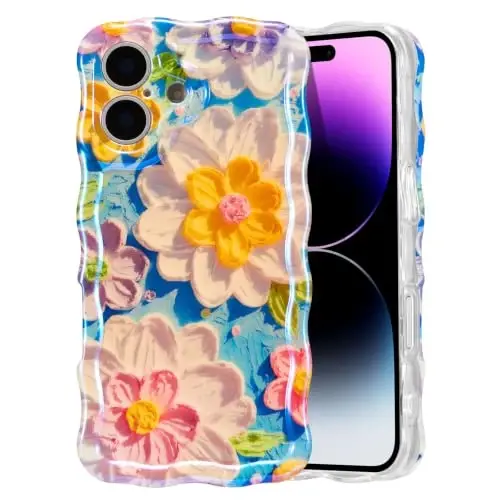 EYZUTAK Case for iPhone 17, Colorful Retro Oil Painting Flower Laser Glossy Pattern Cute Curly Wave Edge Exquisite Phone Cover Stylish Durable TPU Protective Case for Girl Women - White - 1