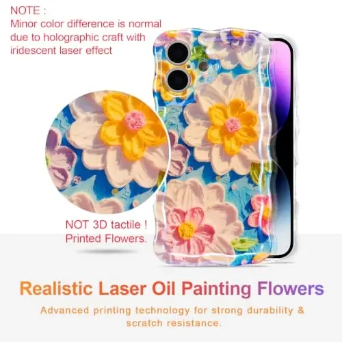 EYZUTAK Case for iPhone 17, Colorful Retro Oil Painting Flower Laser Glossy Pattern Cute Curly Wave Edge Exquisite Phone Cover Stylish Durable TPU Protective Case for Girl Women - White - 2