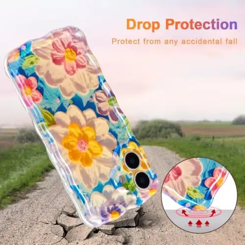 EYZUTAK Case for iPhone 17, Colorful Retro Oil Painting Flower Laser Glossy Pattern Cute Curly Wave Edge Exquisite Phone Cover Stylish Durable TPU Protective Case for Girl Women - White - 3
