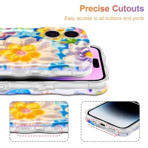 EYZUTAK Case for iPhone 17, Colorful Retro Oil Painting Flower Laser Glossy Pattern Cute Curly Wave Edge Exquisite Phone Cover Stylish Durable TPU Protective Case for Girl Women - White - 5
