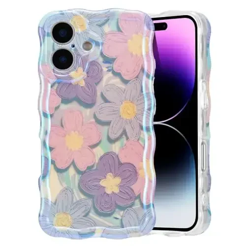 EYZUTAK Case for iPhone 17, Colorful Retro Oil Painting Flower Laser Glossy Pattern Cute Curly Wave Edge Exquisite Phone Cover Stylish Durable TPU Protective Case for Girls Women - Pink Purple - EYZUTAK