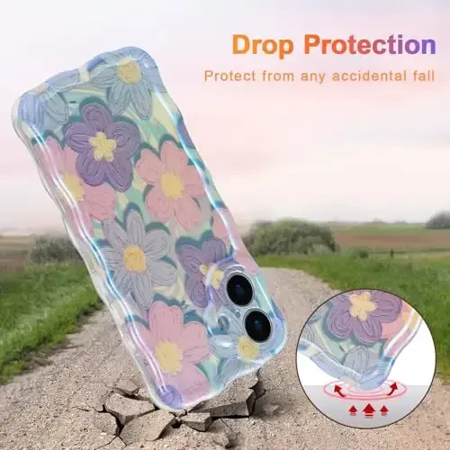 EYZUTAK Case for iPhone 17, Colorful Retro Oil Painting Flower Laser Glossy Pattern Cute Curly Wave Edge Exquisite Phone Cover Stylish Durable TPU Protective Case for Girls Women - Pink Purple - 3