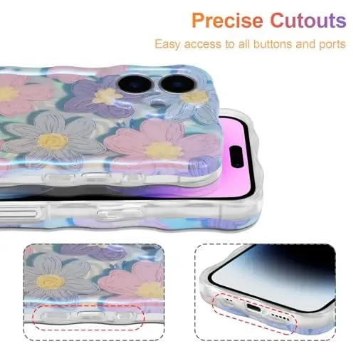 EYZUTAK Case for iPhone 17, Colorful Retro Oil Painting Flower Laser Glossy Pattern Cute Curly Wave Edge Exquisite Phone Cover Stylish Durable TPU Protective Case for Girls Women - Pink Purple - 5