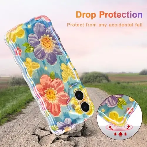 EYZUTAK Case for iPhone 17, Colorful Retro Oil Painting Flower Laser Glossy Pattern Cute Curly Wave Edge Exquisite Phone Cover Stylish Durable TPU Protective Case for Women - Butterfly Flower - 3