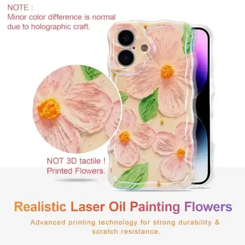 EYZUTAK Case for iPhone 17, Colorful Retro Oil Painting Flower Leaf Laser Glossy Pattern Cute Curly Waves Edge Exquisite Phone Cover Stylish Durable TPU Protective Case for Women - Pink Green - 2