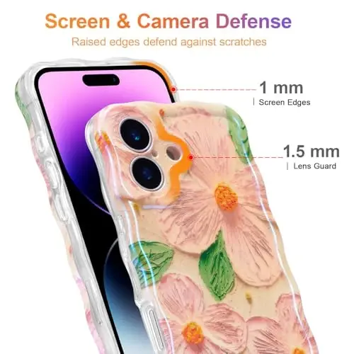 EYZUTAK Case for iPhone 17, Colorful Retro Oil Painting Flower Leaf Laser Glossy Pattern Cute Curly Waves Edge Exquisite Phone Cover Stylish Durable TPU Protective Case for Women - Pink Green - 4