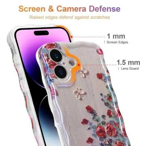 EYZUTAK Case for iPhone 17, Colorful Retro Oil Painting Printed Flower Laser Glossy Pattern Cute Curly Wave Edge Exquisite Phone Cover Stylish Durable TPU Protective Case for Girl Women-Beige - 4