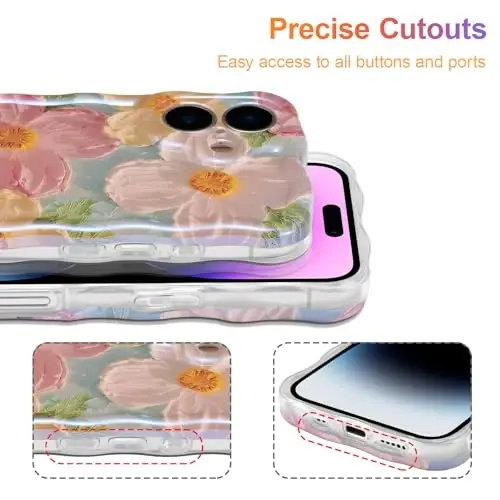 EYZUTAK Case for iPhone 17, Colorful Retro Oil Painting Printed Flower Laser Glossy Pattern Cute Curly Wave Edge Exquisite Phone Cover Stylish Durable TPU Protective Case for Girl Women-Green - 5