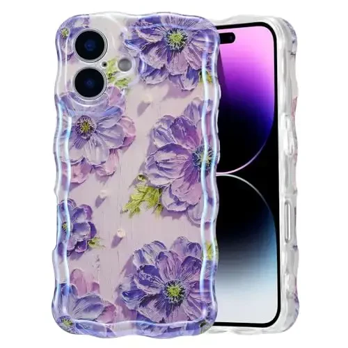 EYZUTAK Case for iPhone 17, Colorful Retro Oil Painting Printed Flower Laser Glossy Pattern Cute Curly Wave Edge Exquisite Phone Cover Stylish Durable TPU Protective Case for Girl Women-Purple - 1