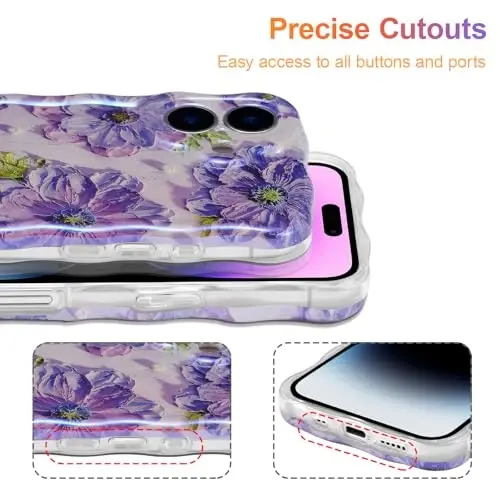 EYZUTAK Case for iPhone 17, Colorful Retro Oil Painting Printed Flower Laser Glossy Pattern Cute Curly Wave Edge Exquisite Phone Cover Stylish Durable TPU Protective Case for Girl Women-Purple - 5
