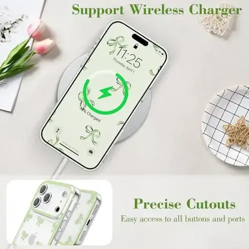 EYZUTAK Case for iPhone 17 Pro, Clear Cute Ribbon Bowknot Pattern Aesthetic Transparent Phone Case Raised Camera Protection Stylish Slim Soft Durable TPU Protective Cover for Women Girls - Green - 5