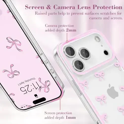 EYZUTAK Case for iPhone 17 Pro, Clear Cute Ribbon Bowknot Pattern Aesthetic Transparent Phone Case Raised Camera Protection Stylish Slim Soft Durable TPU Protective Cover for Women Girls - Pink - 2