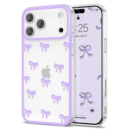 EYZUTAK Case for iPhone 17 Pro, Clear Cute Ribbon Bowknot Pattern Aesthetic Transparent Phone Case Raised Camera Protection Stylish Slim Soft Durable TPU Protective Cover for Women Girls - Purple - 1