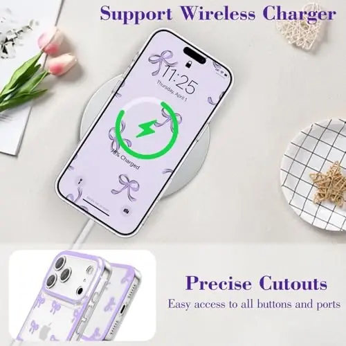 EYZUTAK Case for iPhone 17 Pro, Clear Cute Ribbon Bowknot Pattern Aesthetic Transparent Phone Case Raised Camera Protection Stylish Slim Soft Durable TPU Protective Cover for Women Girls - Purple - 5