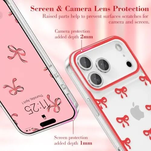 EYZUTAK Case for iPhone 17 Pro, Clear Cute Ribbon Bowknot Pattern Aesthetic Transparent Phone Case Raised Camera Protection Stylish Slim Soft Durable TPU Protective Cover for Women Girls - Red - EYZUTAK (1)