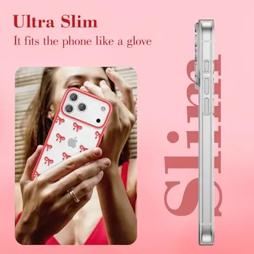 EYZUTAK Case for iPhone 17 Pro, Clear Cute Ribbon Bowknot Pattern Aesthetic Transparent Phone Case Raised Camera Protection Stylish Slim Soft Durable TPU Protective Cover for Women Girls - Red - 4